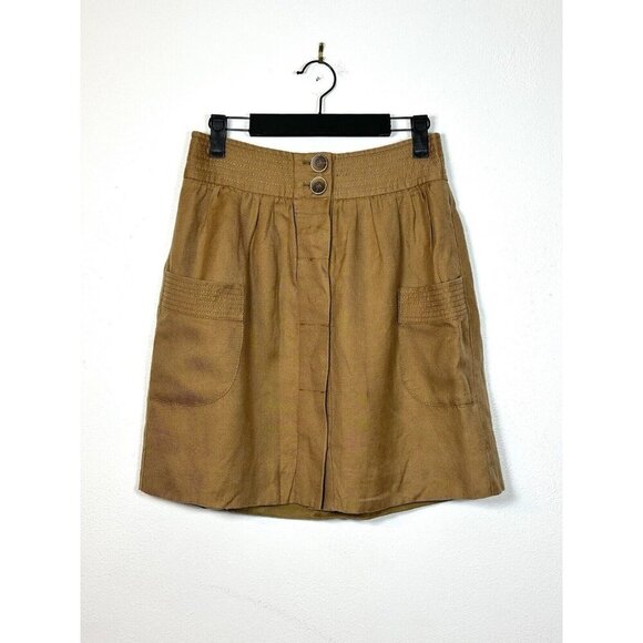 J Crew Brown Linen Blend Pocket Skirt‎ Hidden Button Closure Size 0 Preppy Tan - Picture 1 of 13